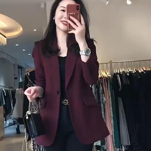 酒红色西装外套女春秋2024高级感小个子职业西服休闲大码上衣