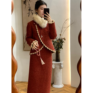 三个裁缝新中式国风加厚保暖毛呢套装裙女装，两件套红色秋冬