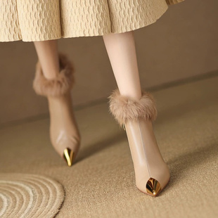 品牌鞋高级感短靴冬季配裙子穿的高跟毛毛鞋女细跟气质法式小踝靴