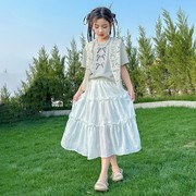 韩范女童夏装套装裙子2024洋气，女大童短袖，马甲三件套夏款长裙