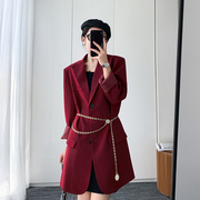 酒红色西装外套2024春季韩版时尚气质，休闲中长款长袖西服两件套