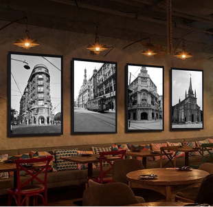 民国老上海装饰画黑白，怀旧外滩古建筑照片，墙画餐厅饭店酒店有框画