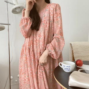 韩国chic春季法式复古设计感印花泡泡袖中长款雪纺连衣裙