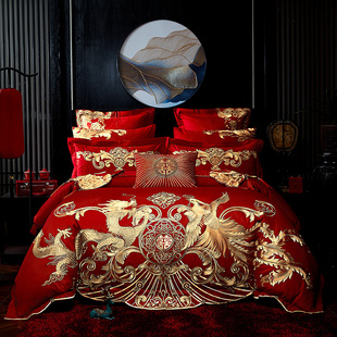 婚庆四件套大红色全棉，被套床单结婚刺绣纯棉六十件套，床上用品1.8m