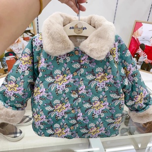 韩国洋气童装 23冬女童宝碎花满印毛领棉服 田园风棉衣外套WS