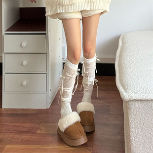 芭蕾风蝴蝶结绑带长筒袜甜美少女堆堆袜小众，ins小腿袜及膝靴子袜