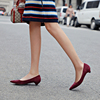 酒红色小跟单鞋3cm 春秋舒适女鞋低跟浅口鞋法式尖头绒面高跟鞋