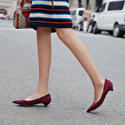 酒红色小跟单鞋3cm春秋舒适女鞋低跟浅口鞋，法式尖头绒面高跟鞋