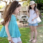 女童娃娃衫夏季韩版公主中大童，夏装上衣时髦洋气无袖t恤儿童小衫