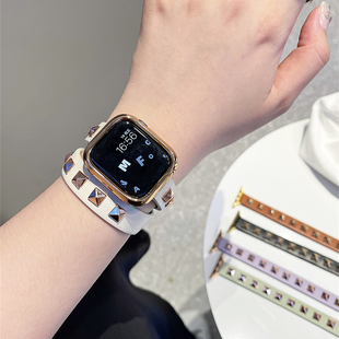 适用iwatch9苹果手表双圈铆钉细款表带applewatch786SE真皮柔软女