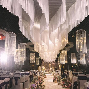 婚庆装饰背景装饰吊顶纱幔冰绸布，一体成型婚礼，舞台吊顶纱云顶纱