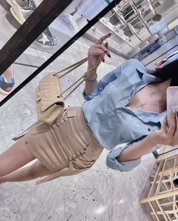 lovingu夏季 时尚气质南韩空姐衬衫上衣卡其色高腰绑带包臀裙