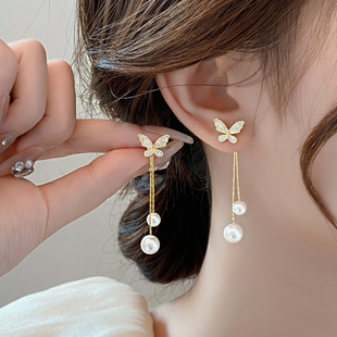 韩国蝴蝶结珍珠耳钉女纯银小众设计感高级耳饰2024年耳环