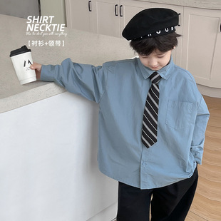 男宝宝学院风领带蓝色，翻领长袖衬衫2024春季韩版男童休闲衬衣外套