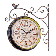 厂销田园双面客厅挂钟，静音铁艺时钟简约两面创意装饰复古钟表品