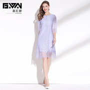 2023秋季淡紫色蕾丝，连衣裙高端气质中长款七分袖宽松显瘦裙子