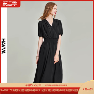 havva2024夏季法式连衣裙小众设计高腰，气质v领黑色长裙q80020