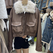 十三行复古大毛领皮衣外套，女2023冬季高级感小个子时髦羽绒皮夹克