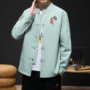 亚麻长袖衬衫外套男春季中国风男装衬衣中式立领纯棉刺绣盘扣上衣
