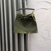 军绿色性感低腰牛仔短裙，女士夏季个性假两件宽腰带a字包臀裙