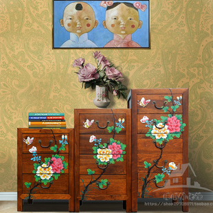 现代中式香樟木彩绘三四五六斗柜简约高低柜，客厅窄柜卧室储物边柜