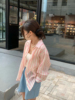 现!韩国东大门女装夏季夏(夏季夏)竖条，纹路粉红色薄款天丝棉麻衬衫