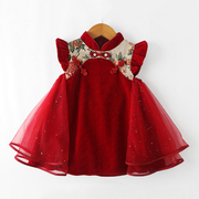 女童新年衣服红色过年秋冬装连衣裙小女孩洋气公主裙儿童旗袍裙子
