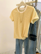 黄色正肩冰丝针织短袖t恤衫女夏季2024设计感小个子体恤上衣