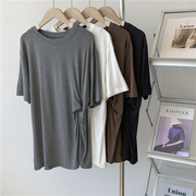 莫代尔设计感扭结短袖T恤女薄款夏季垂感纯色中长款慵懒上衣韩版