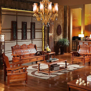 中式实木沙发座椅客厅单人三人，位茶几经济组合冬夏两用木质凉