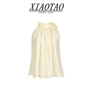 XIAOTAO 法式系带蝴蝶结挂脖衬衫女夏设计感宽松气质无袖雪纺上衣