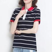 条纹短袖t恤女修身有领上衣女士2023夏季韩版純棉翻领半袖Polo衫