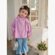 sonnykids女童纯棉衬衫紫色，法式风花边领衬衫气质灯笼袖上衣秋季