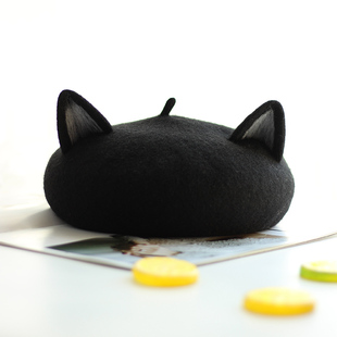 秋冬羊毛呢亲子儿童帽子可爱黑猫咪画家帽羊毛毡立体猫耳朵贝雷帽