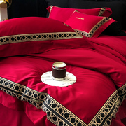 欧式轻奢风红色婚庆床上四件套，纯棉100s长绒棉，刺绣结婚被套床单笠