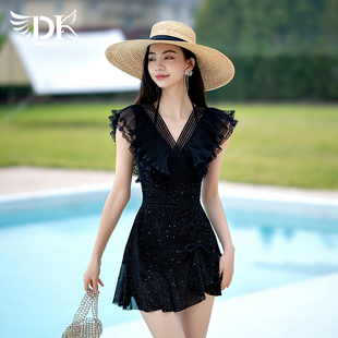DK泳衣女款2024高级感连体裙式遮肚显瘦保守黑色泡温泉游泳装