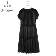 fairyfair黑色惊艳蕾丝，拼接两件套短袖雪纺连衣裙夏季