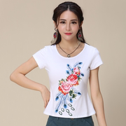 2023中国刺绣花T恤短袖夏季短款女装圆领修身显瘦民族风上衣