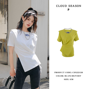 CLOUDSEASON不规则t恤女短袖修身纯棉性感高级女款设计感休闲潮流