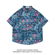 混搭商店ALOHA SHIRTS 潮牌复古个性创意植物小鸟印花短袖衬衫ins