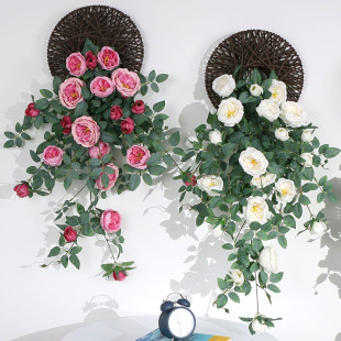 仿真吊花装饰塑料植物挂墙假花墙壁墙上吊兰吊篮藤蔓壁挂花藤玫瑰
