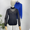 蓝色蕾丝长袖半高领打底衫高弹力时尚性感设计感小众黑色网纱上衣