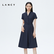 朗姿/LANCY法式A摆收腰衬衫连衣裙子女2022夏季短袖西装裙