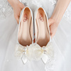 （新人结婚穿的）新娘鞋子婚礼鞋平底白色珍珠婚女主婚纱夏绸缎尖