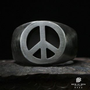 白木黑冰原创设计手工，银饰反战标志戒指，925银个性百搭戒指男女