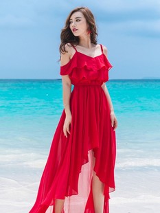 大红色吊带不规则燕尾雪纺，长裙海南三亚旅游度假沙滩裙露肩连衣裙