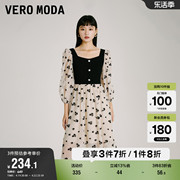 Vero Moda奥莱连衣裙子春秋优雅方领碎花拼接灯笼袖纱裙女