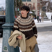 东大门韩国男装针织毛衣民族风套头羊毛混纺撞色针织衫男士潮
