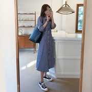 蓝白条纹连衣裙女中长款2022春秋韩版系带显瘦不规则衬衫裙潮