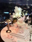 网红512母亲节蛋糕装饰羽毛蝴蝶灯摆件玻璃罩，玫瑰烘焙插件装扮款